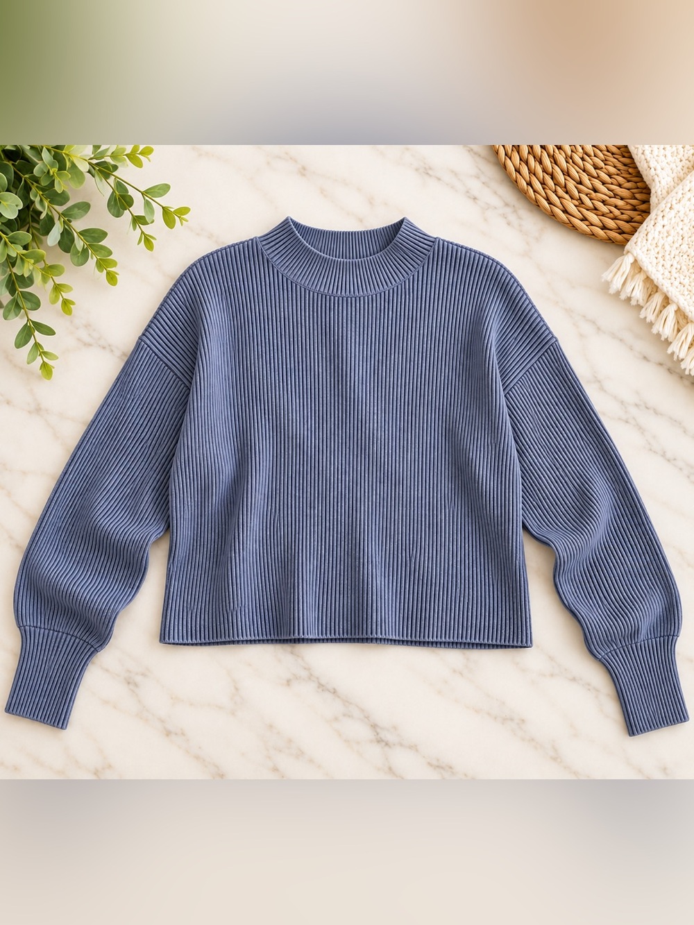 Zara Ribbed Mock Neck Sweater - Dusty Blue